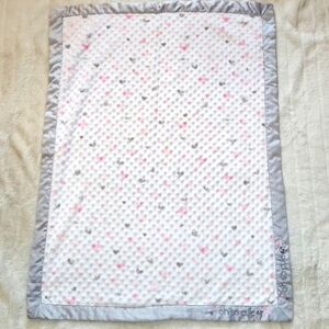 Just Born Oh So Cute Minky White Pink Hearts. Grey Satin Trim Baby Blanket 30x30